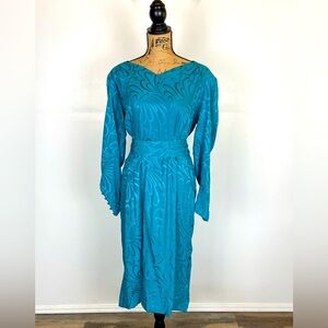 Liz Claiborne 80s Silk Long Sleeve Midi Dress Sz 14 Blue Swirly Print Retro VTG